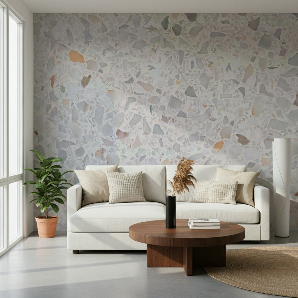 Modern Terrazzo wallpaper, pale mosaic design, featuring light aggregate chips.