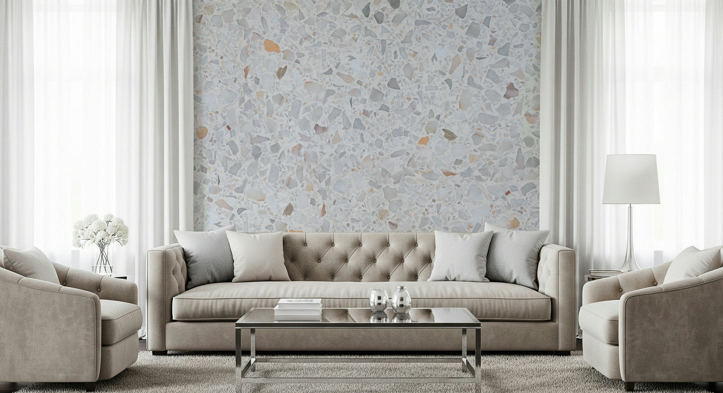 Chic Terrazzo wall covering, contemporary aggregate pattern, bright white base.