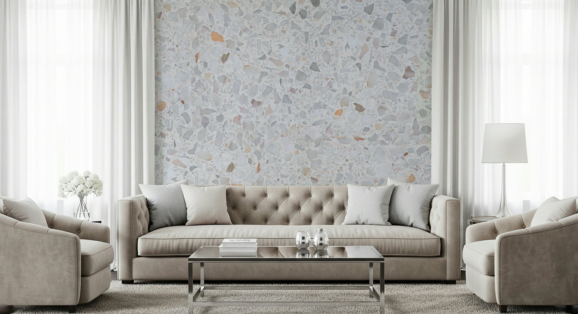 Chic Terrazzo wall covering, contemporary aggregate pattern, bright white base.