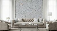 Chic Terrazzo wall covering, contemporary aggregate pattern, bright white base.