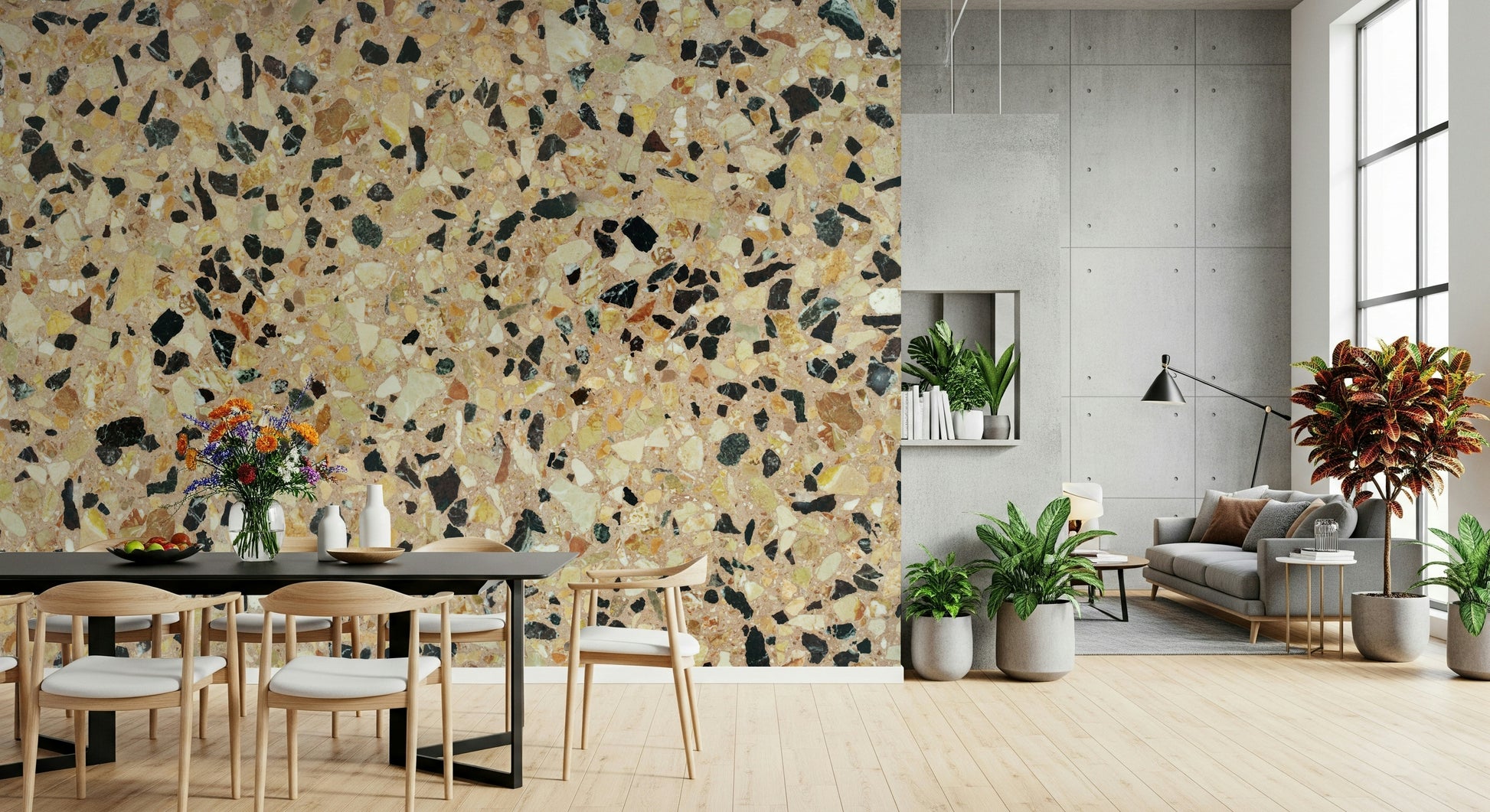 Interior design Earth Stone mosaic mural, detailed aggregate composition.