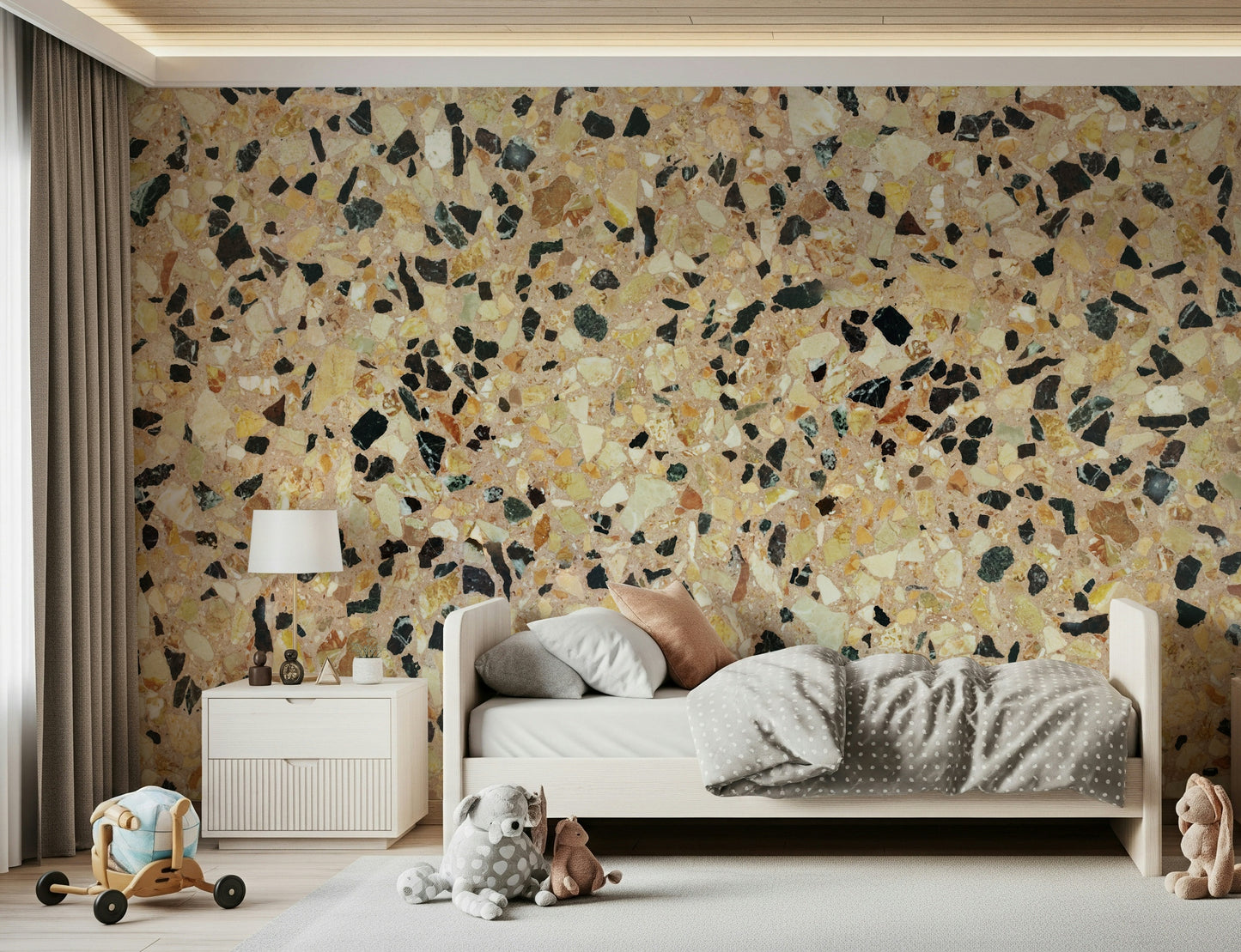 Fragmented Stone mural, close-up texture, mixed natural earth-tone rock chips.