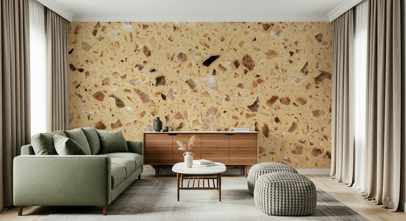 Natural Surface wall mural showcasing golden Terrazzo Speckled Stone aggregate pattern.