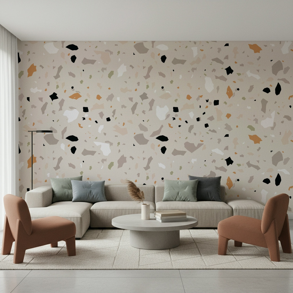 Minimalist Terrazzo wallpaper with cream background chips.