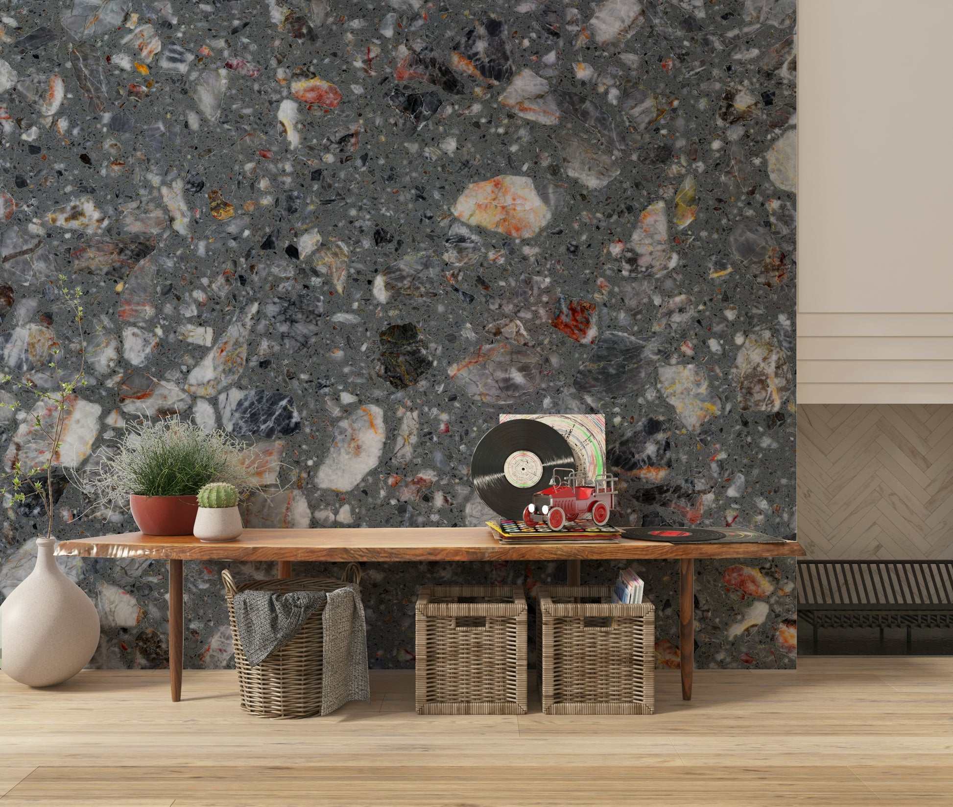 Tile look wallpaper, durable appearance, grey stony background.