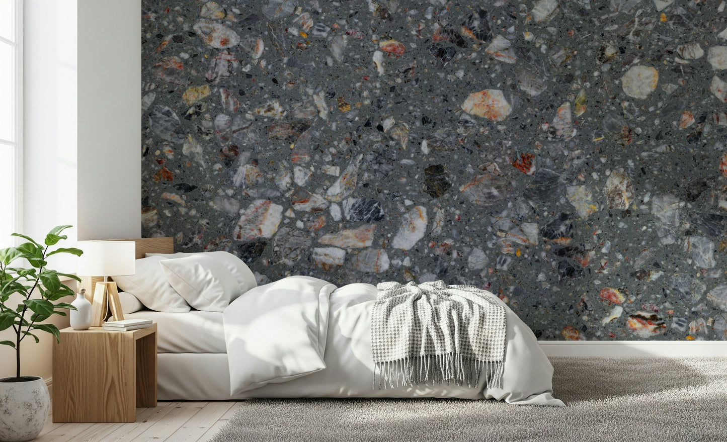 Pebble Stone mural, irregular stone shapes, architectural style.