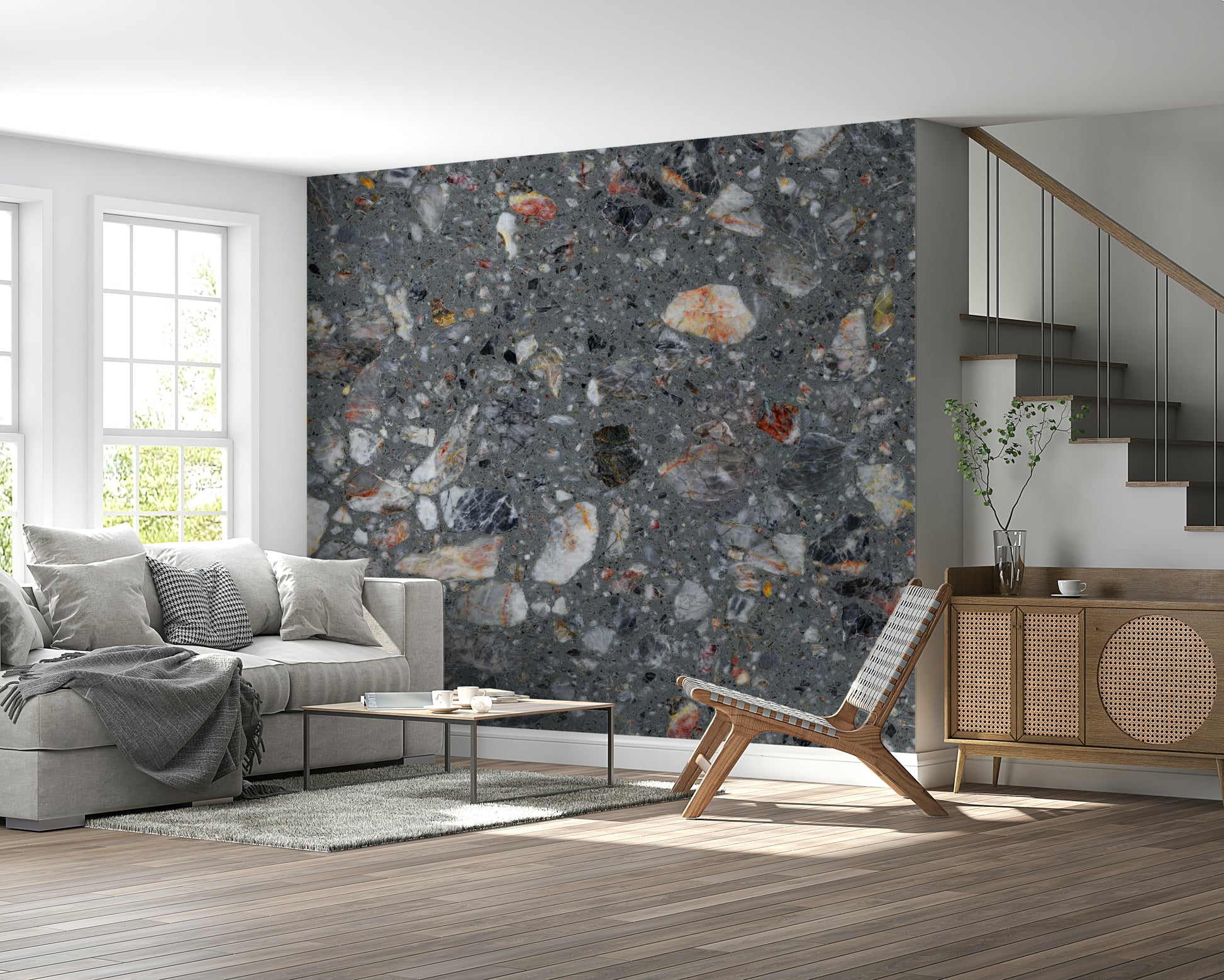 Mural wallpaper simulating a dense scattering of small pebbles.