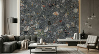 Tile effect wallpaper, dark grey binder with multicolored flecks.