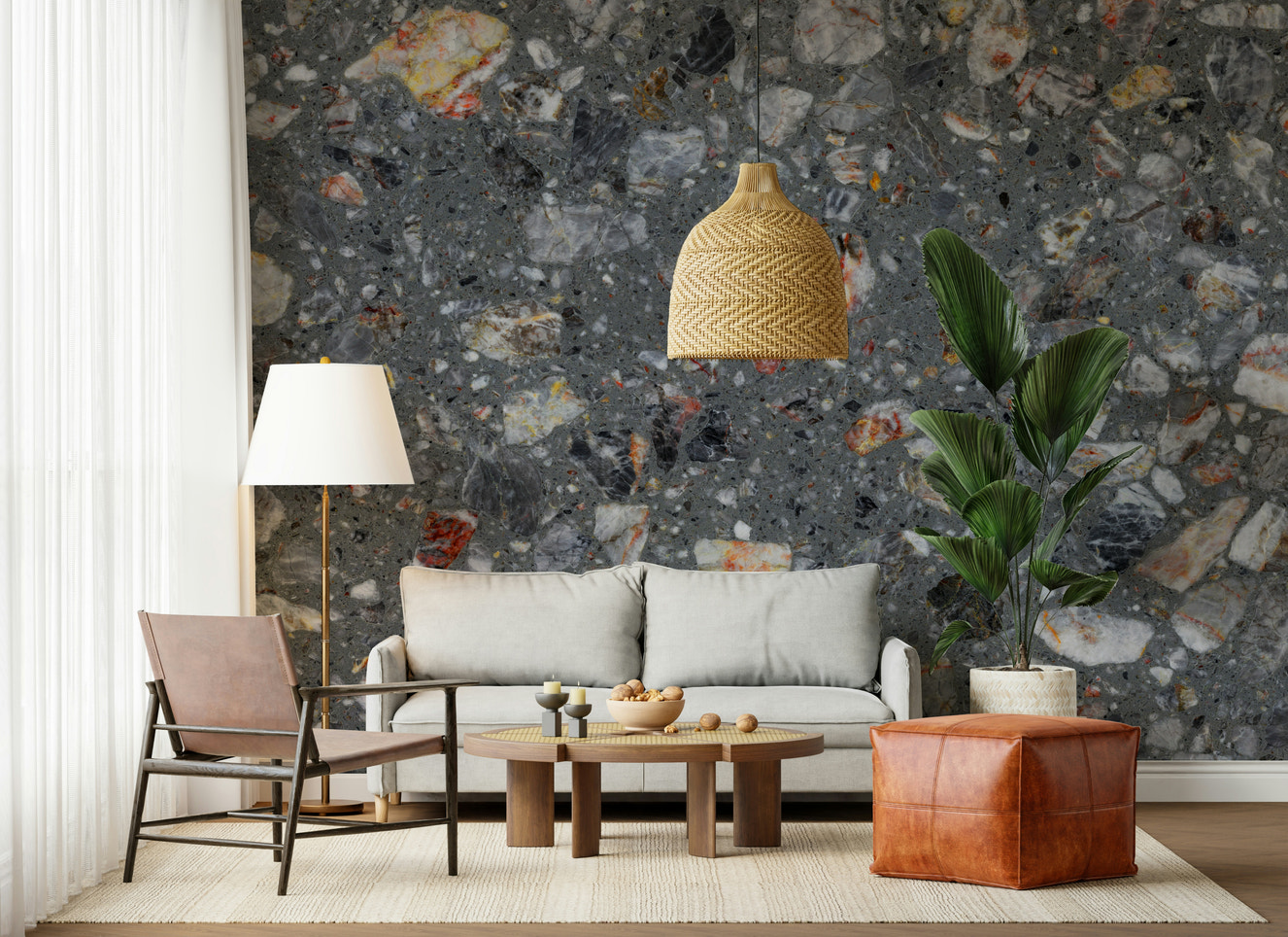 Rocky Grey Texture Natural Tile Look wall mural, dark terrazzo stone pattern wallpaper for modern interiors.