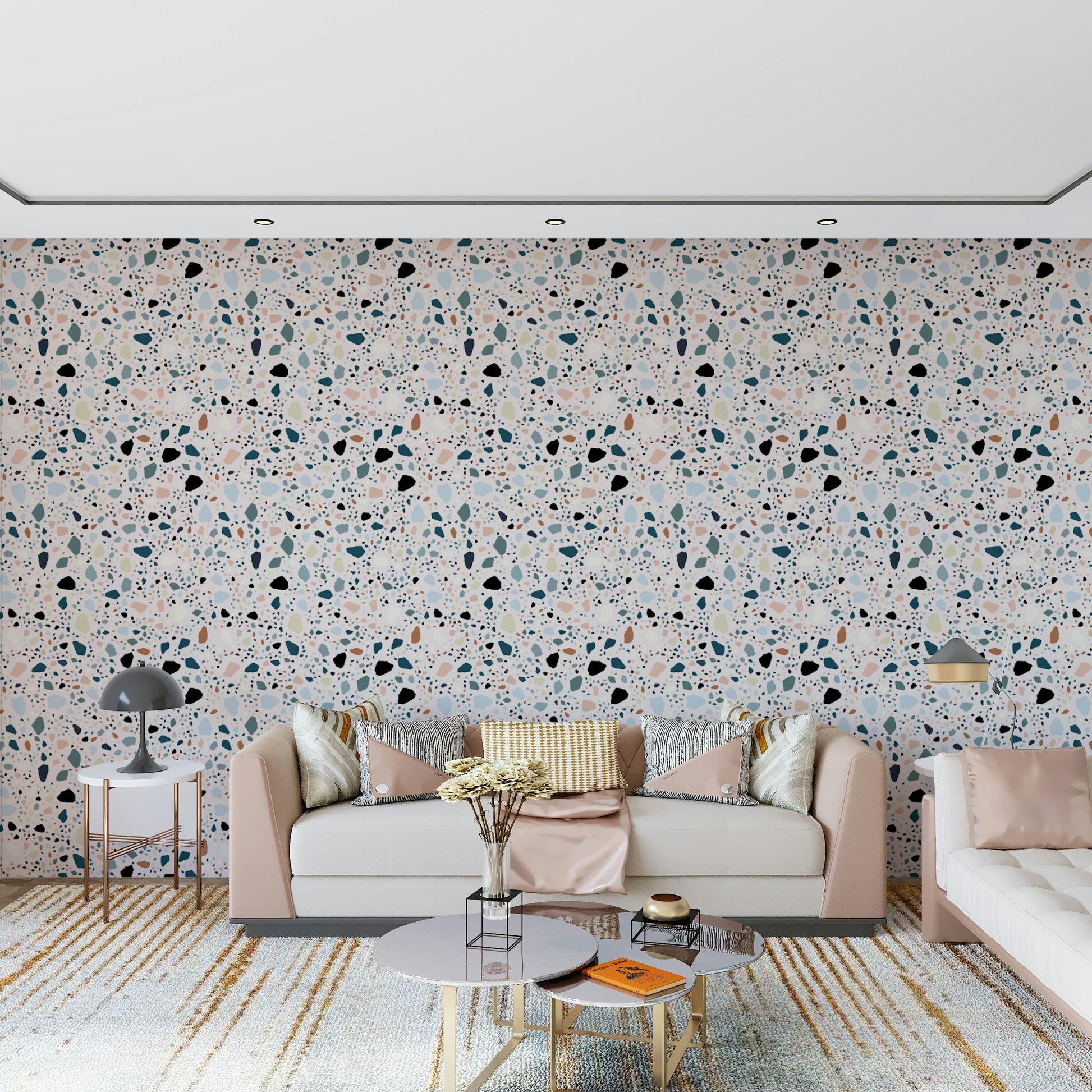 Small irregular mosaic pieces create this unique vibrant multicolour terrazzo wallpaper for walls.