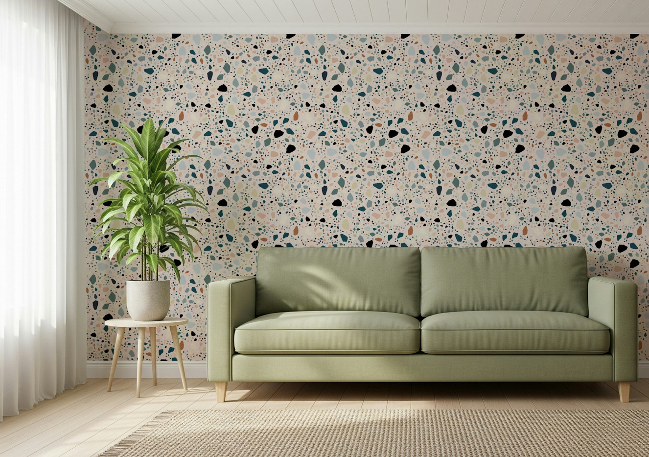 Abstract geometric speckled pattern of vibrant multicolour terrazzo mural design.