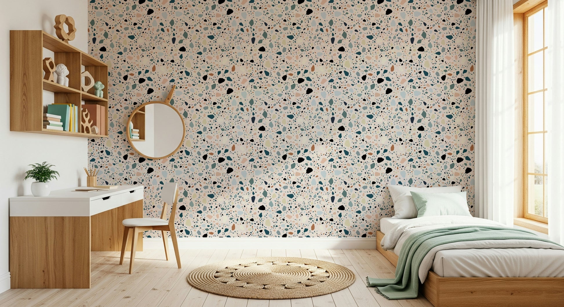 Colorful composite design features unique vibrant multicolour terrazzo chips wallpaper.