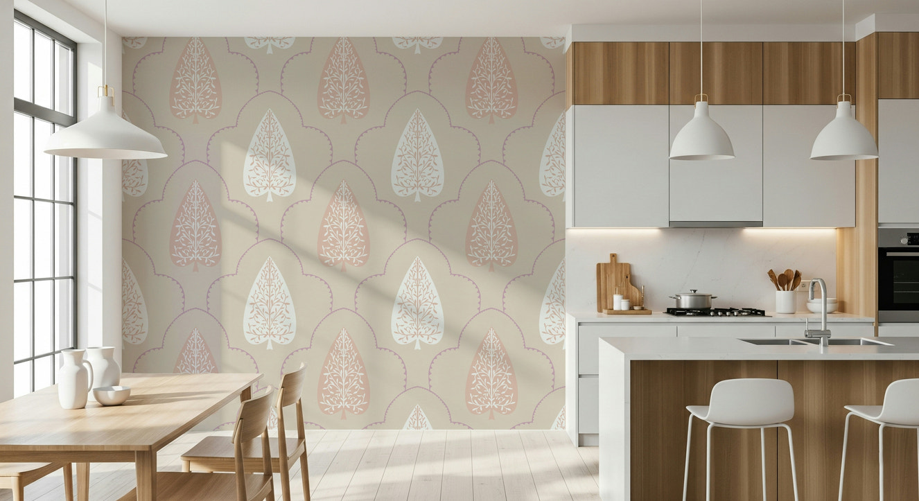 Chic Foliage stylized spade wallpaper on delicate blush background.