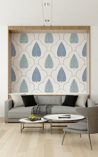Blue Botanic Arbor Mural, sophisticated leaf and arch design display.