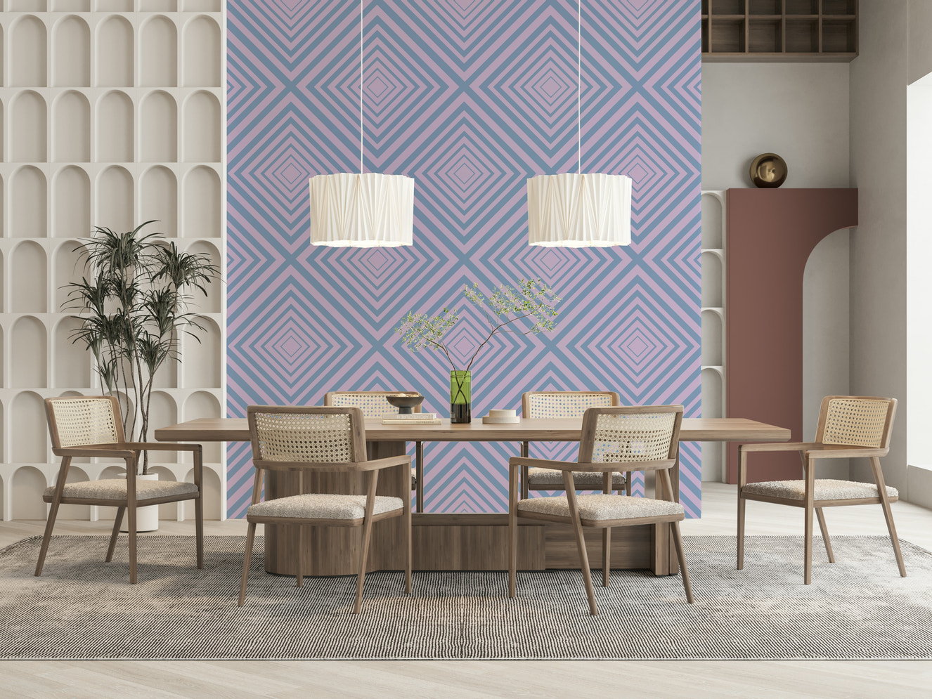 Linear Rhythm striking geometric wall mural, lavender and slate.
