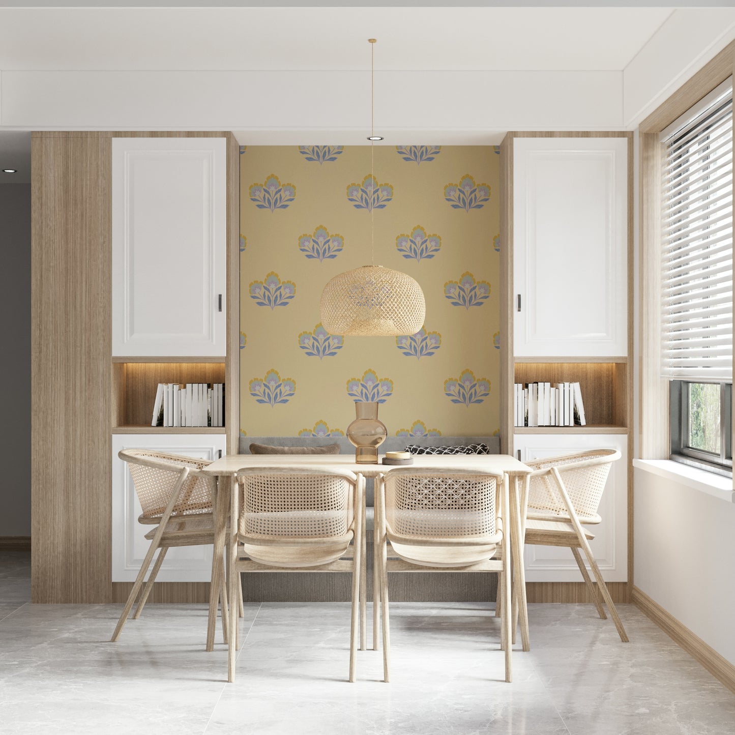 Delicate Flora subtle repeating wallpaper with warm creamy base.