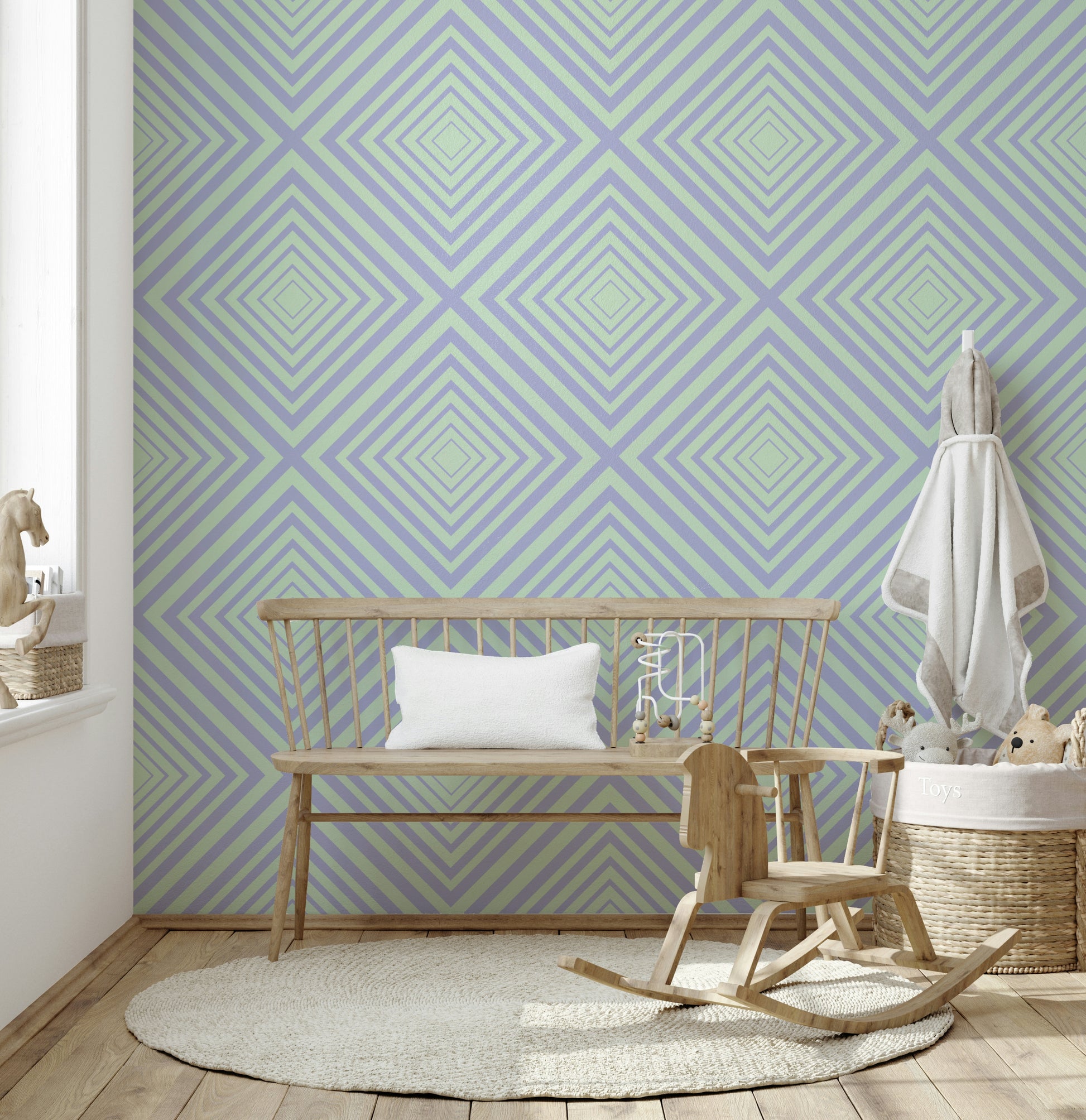 Chevron Dreams minimalist pattern mural, crisscrossing line design.