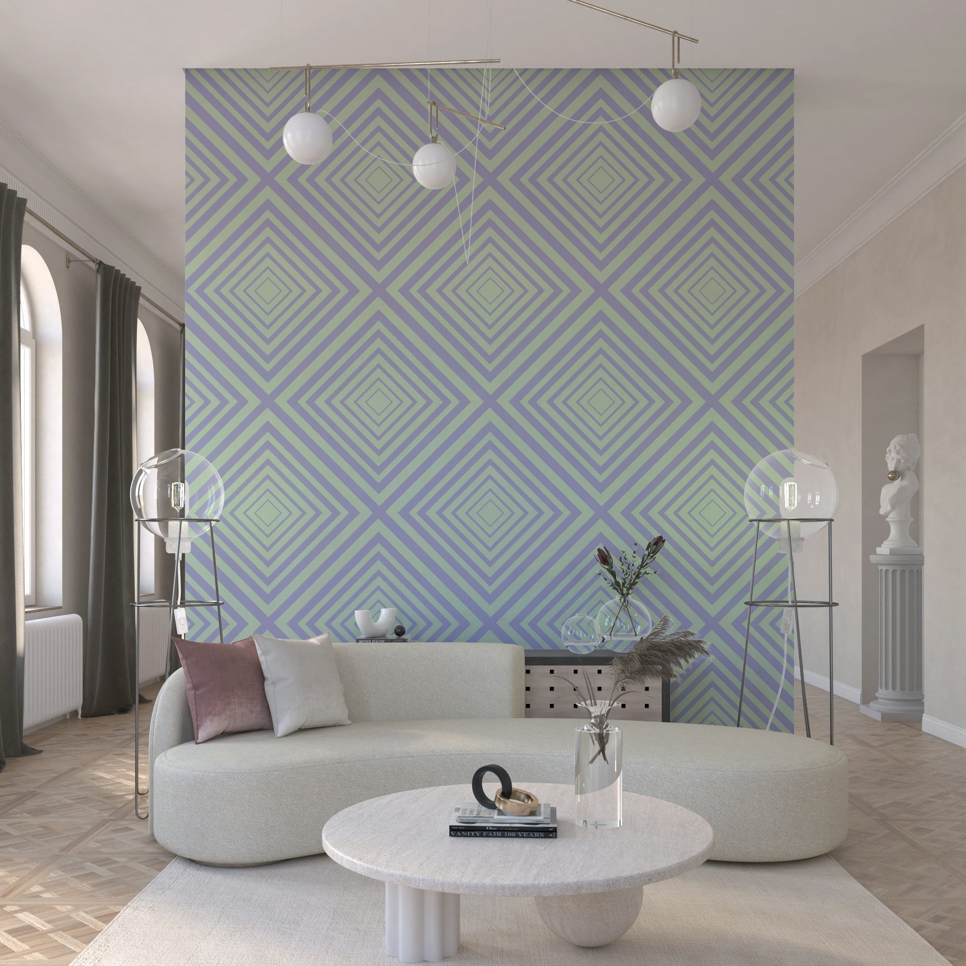 Modern Dreams repeating line wallpaper in soothing mint green.