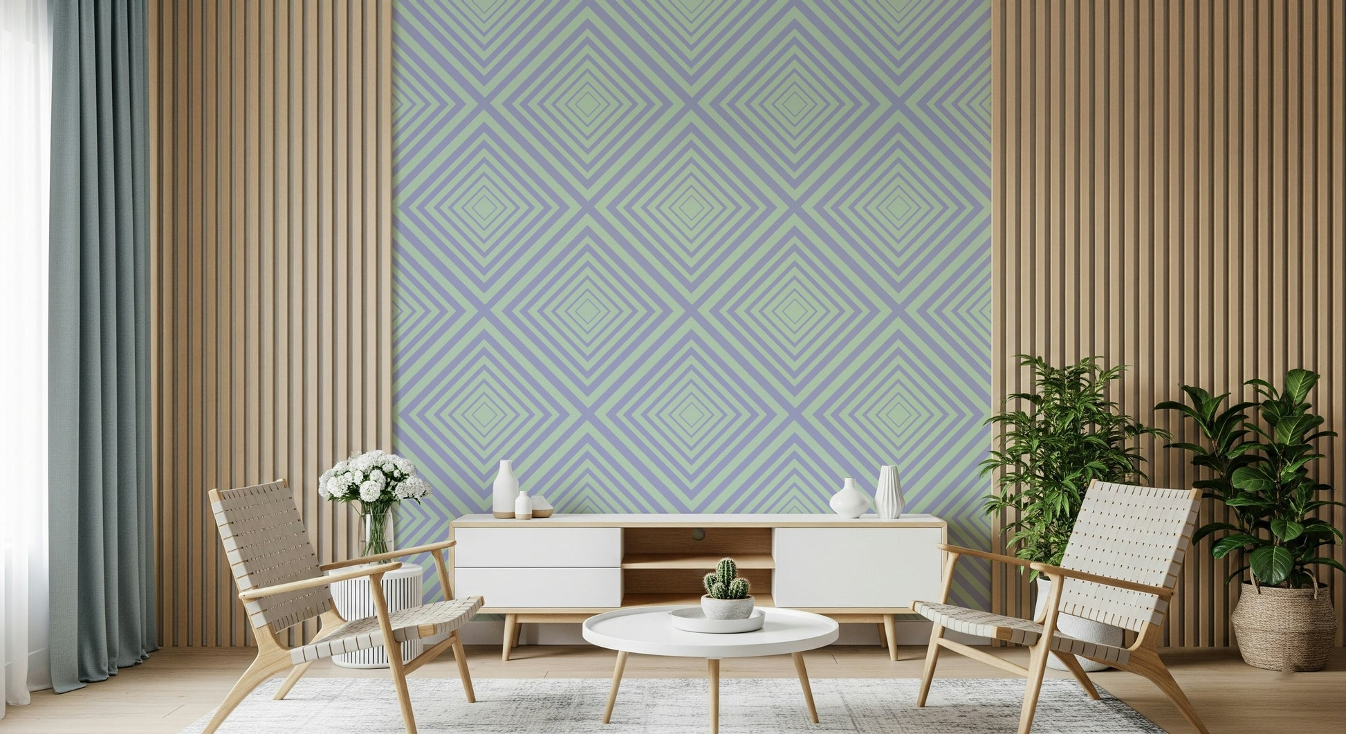 Chevron Dreams serene graphic mural, dynamic abstract structure.