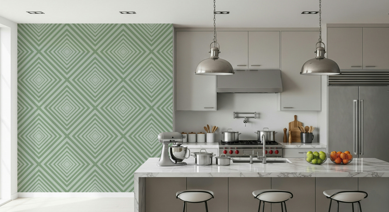 Geometric Sage graphic interior mural, architectural striped effect.