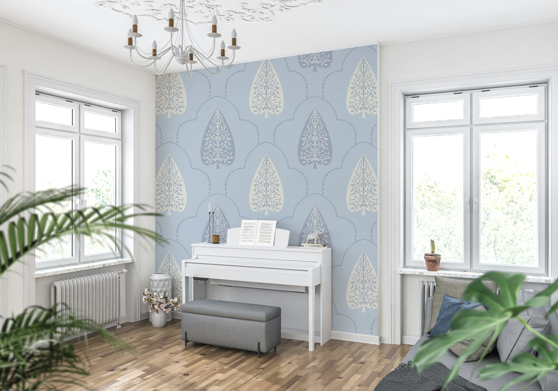 Minty blue Arbor Branch Harmony wallpaper, an attractive graphic print.