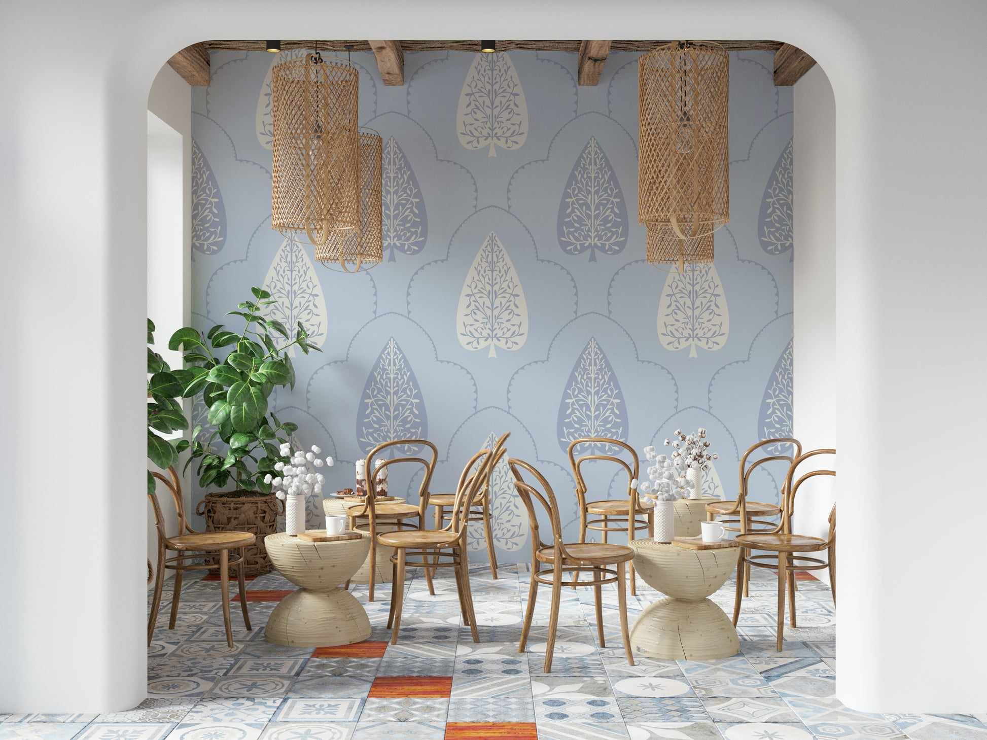 Offwhite vining leaf mural displaying intricate Arbor Branch Harmony patterns.