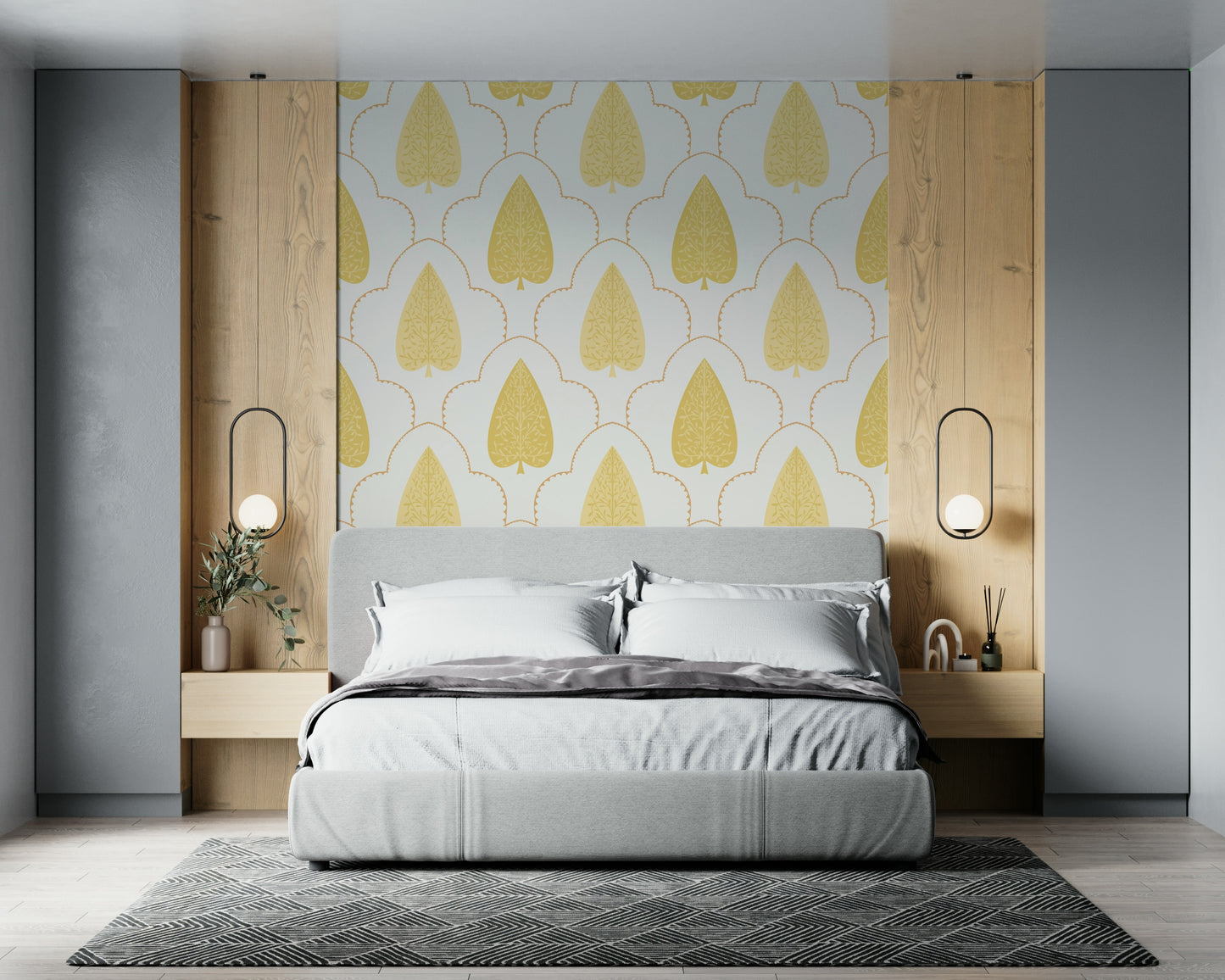 Golden Branch wallpaper with regal, mustard yellow foliage shapes.