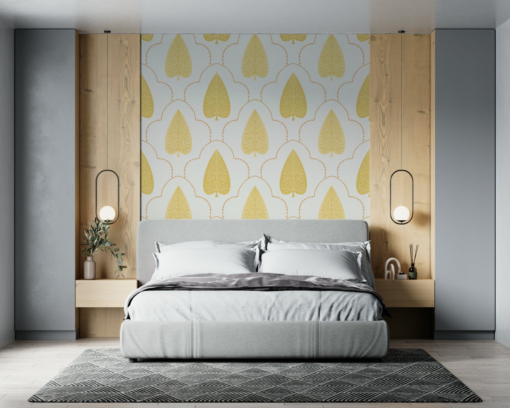 Golden Branch wallpaper with regal, mustard yellow foliage shapes.