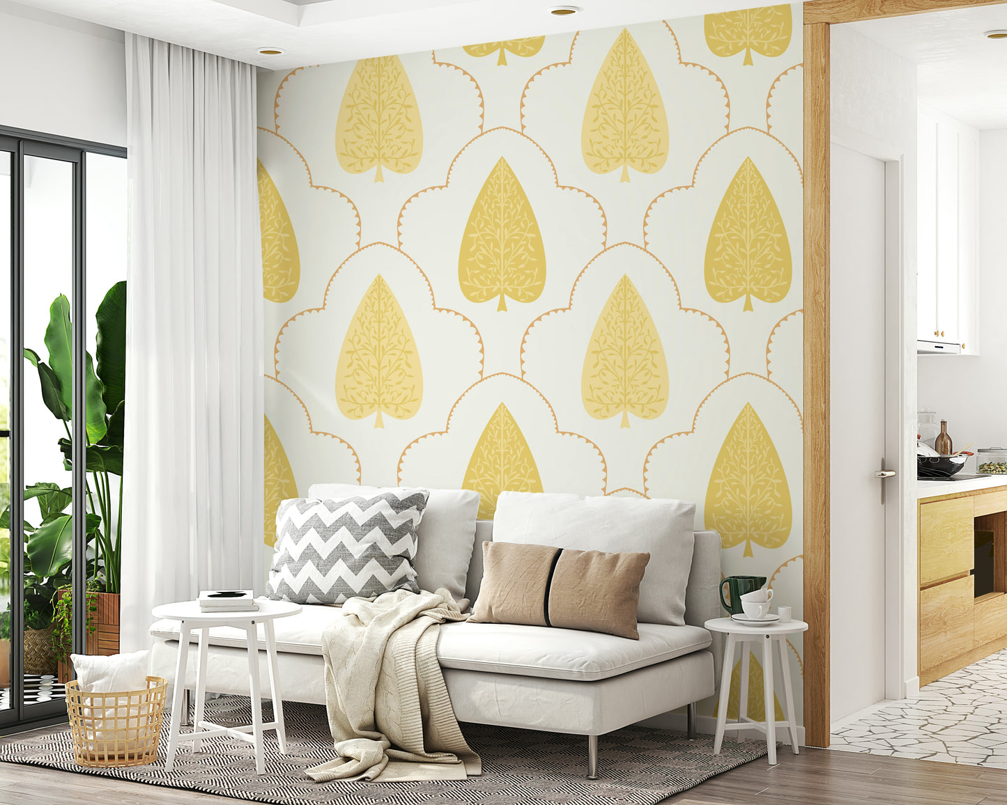 Luxurious Golden Branch mural featuring decorative, pale gold motifs.