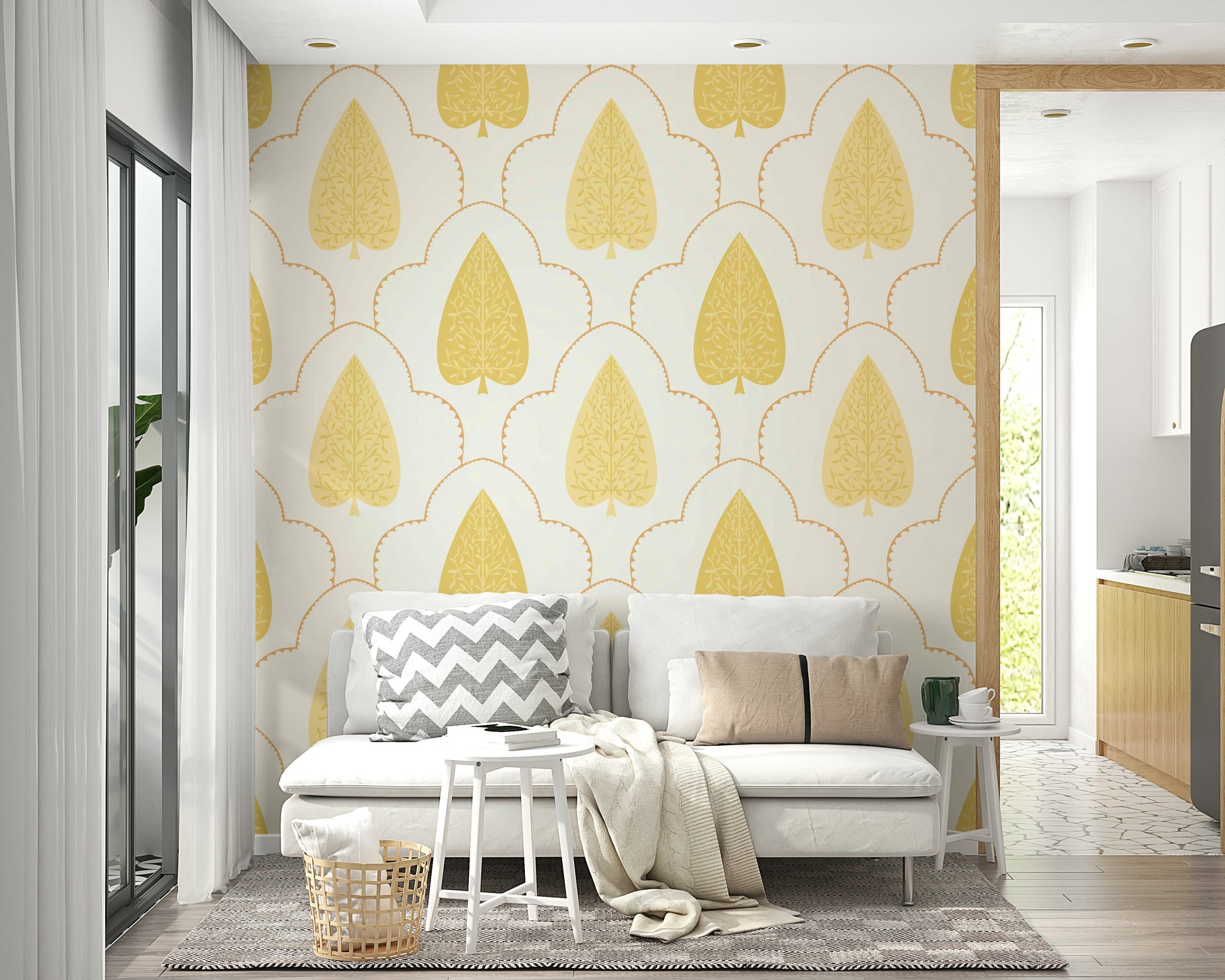 Trellis patterned Golden Branch wallpaper for sophisticated interiors.