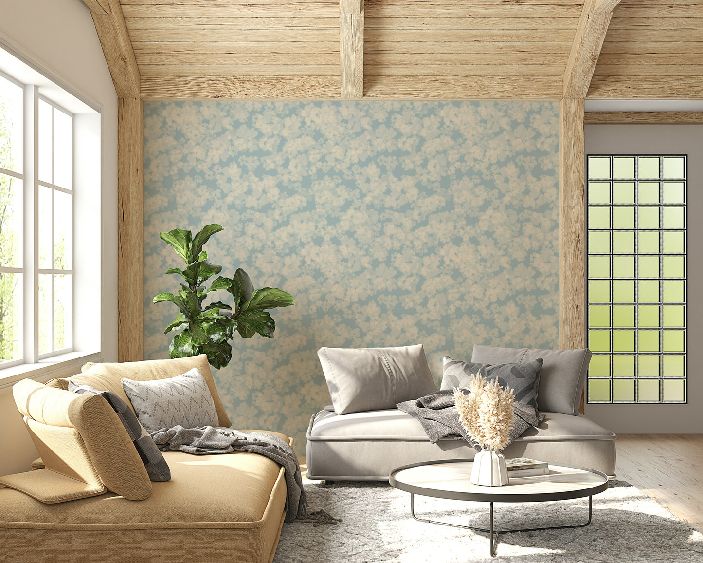 Aqua toned flower mural, creating lovely Painted Petals Calm vibe.