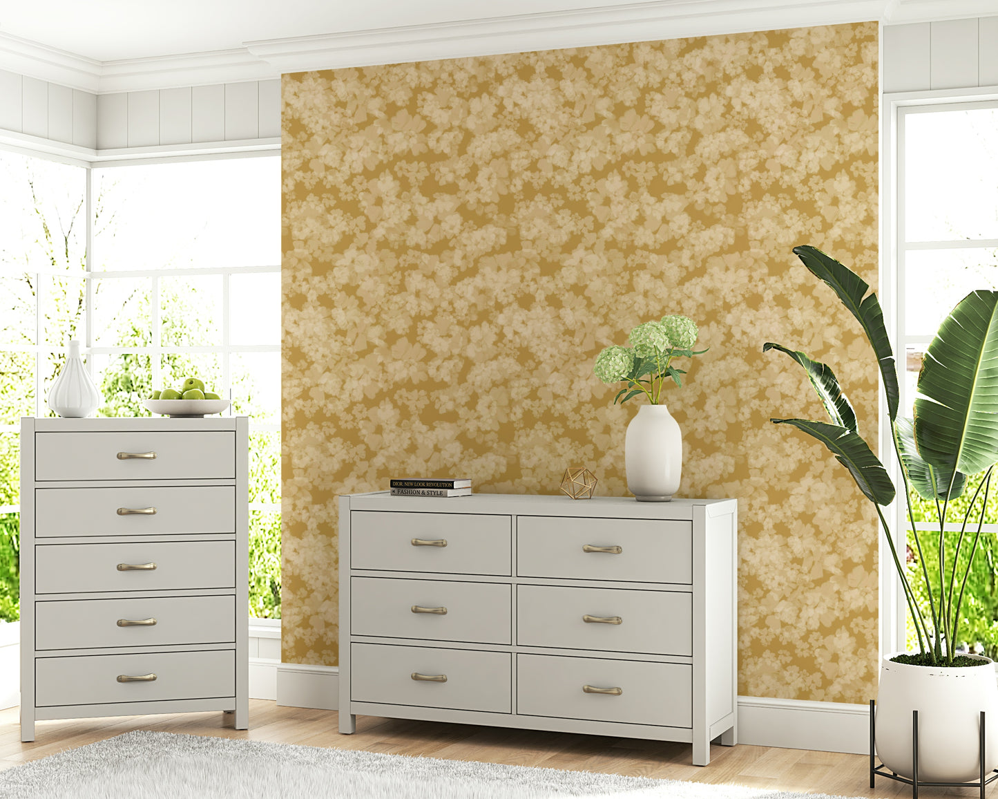 Mustard yellow floral mural displaying the elegant Golden soft blossom print.