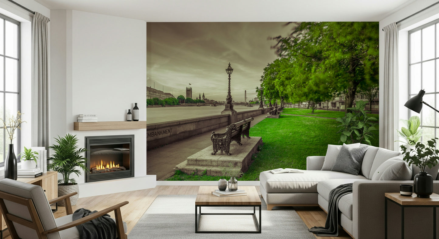 Wall mural of tranquil riverside scene, majestic London skyline backdrop.