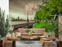 Ornate bench and lush park wallpaper for walls, capturing London serenity.
