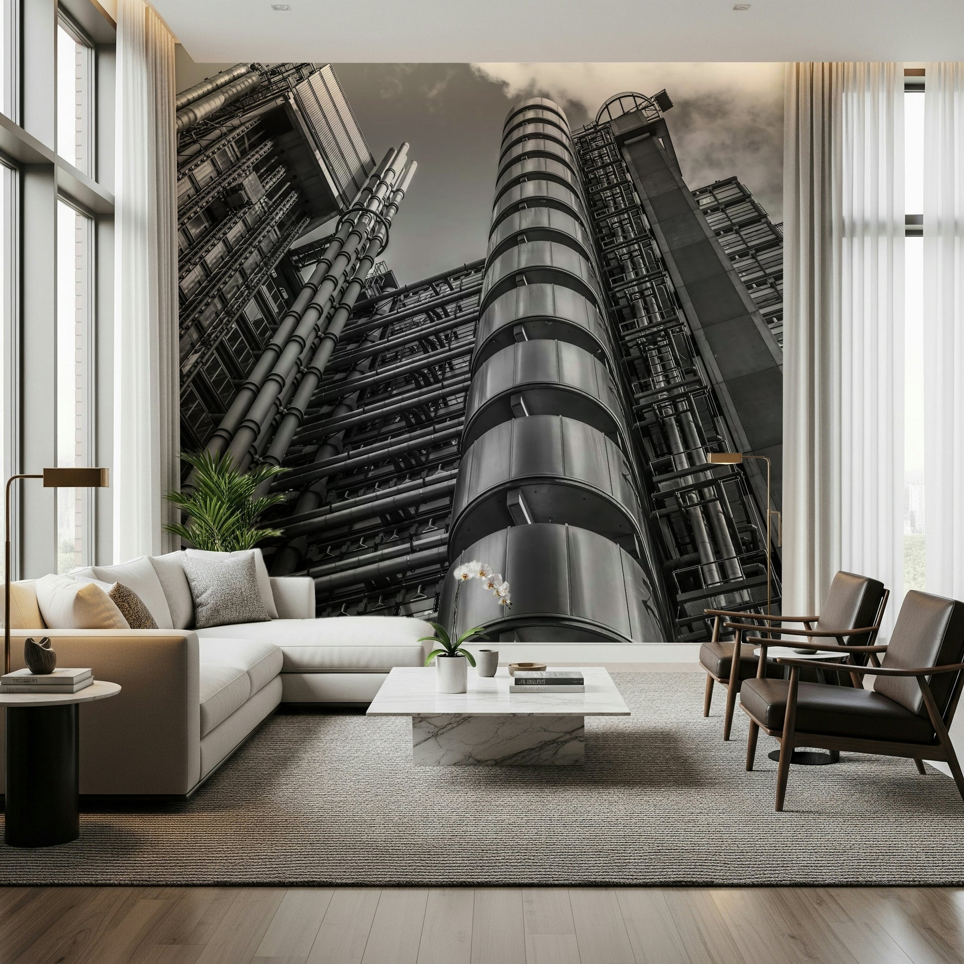 Gritty Lloyds Building wall mural, urban detail in photographic style.