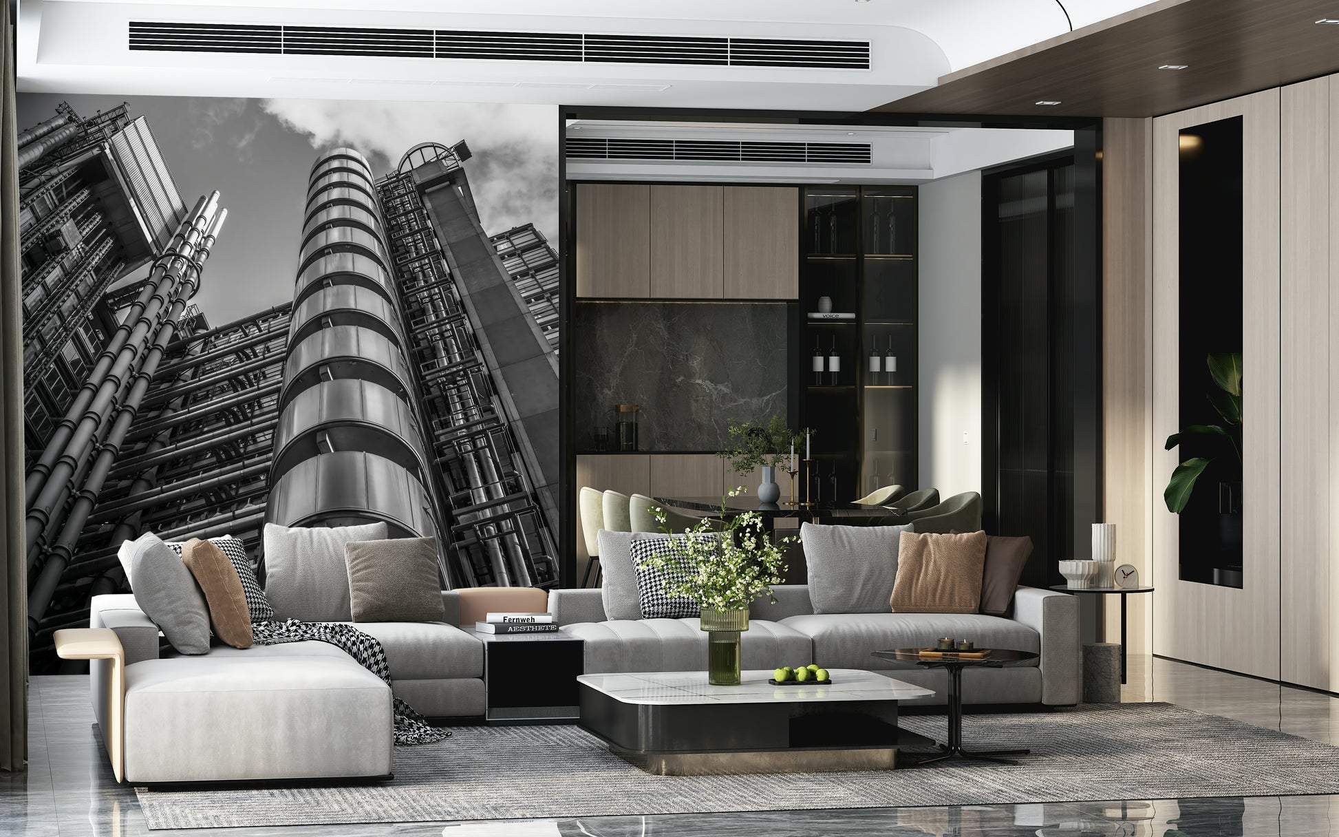 Dynamic Lloyds Building mural, towering cylinders and ventilation shafts.