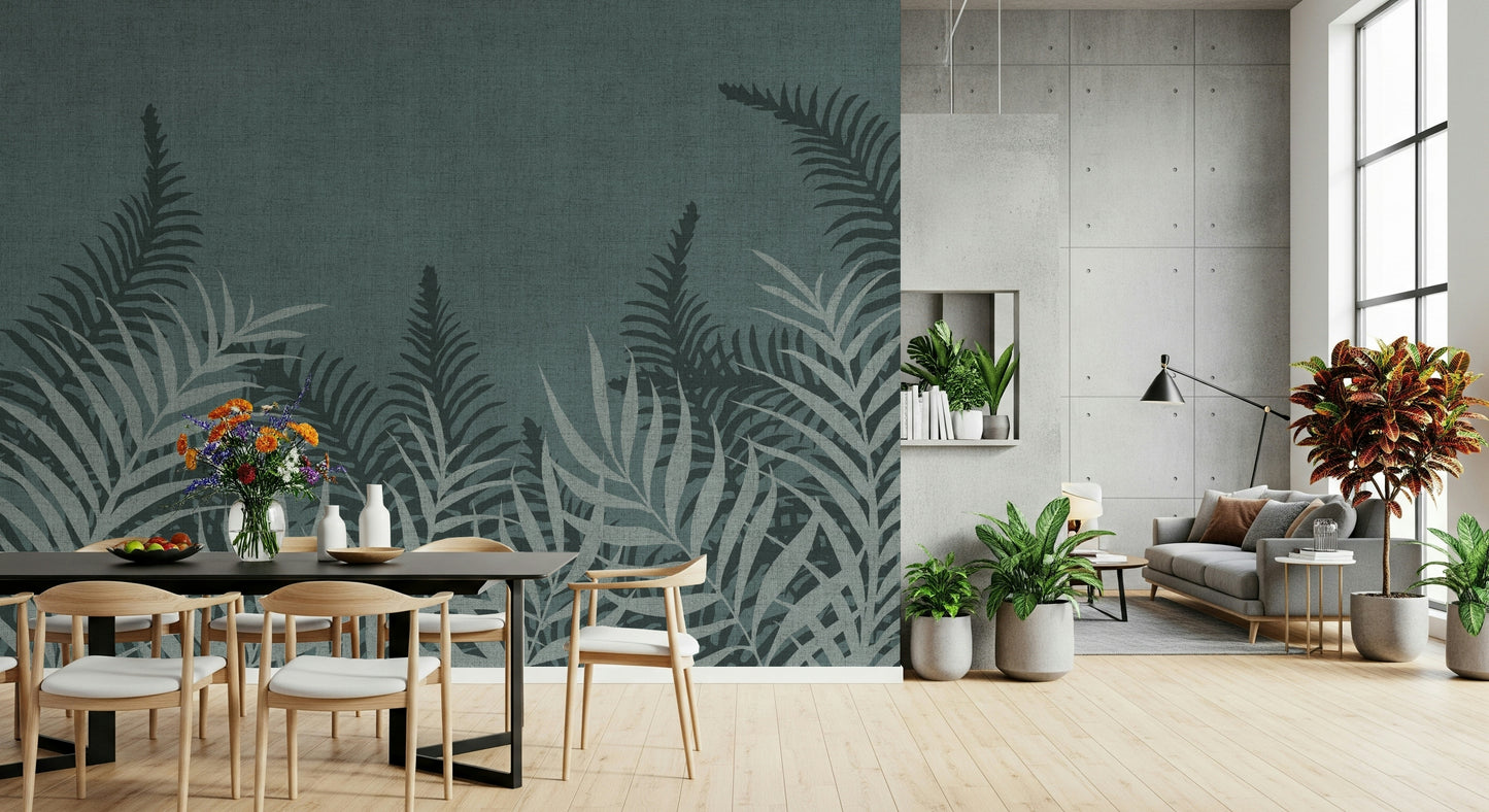 Jungle Fog mural, brooding jungle silhouette in a blue-grey tone.