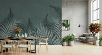 Jungle Fog mural, brooding jungle silhouette in a blue-grey tone.