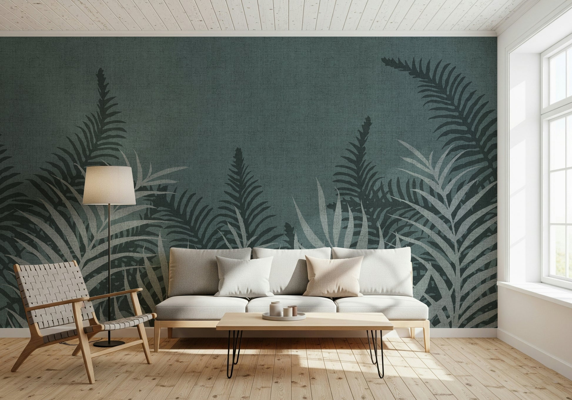 Mystical Into The Jungle Fog wallpaper, dark ocean hue leafy design.