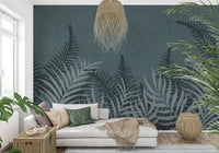 Into The Jungle Fog wallpaper, stylish aqua and charcoal leafy motive.