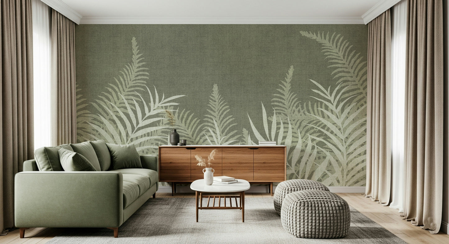 Jungle Sage wall mural, subdued earthy tropical pattern.