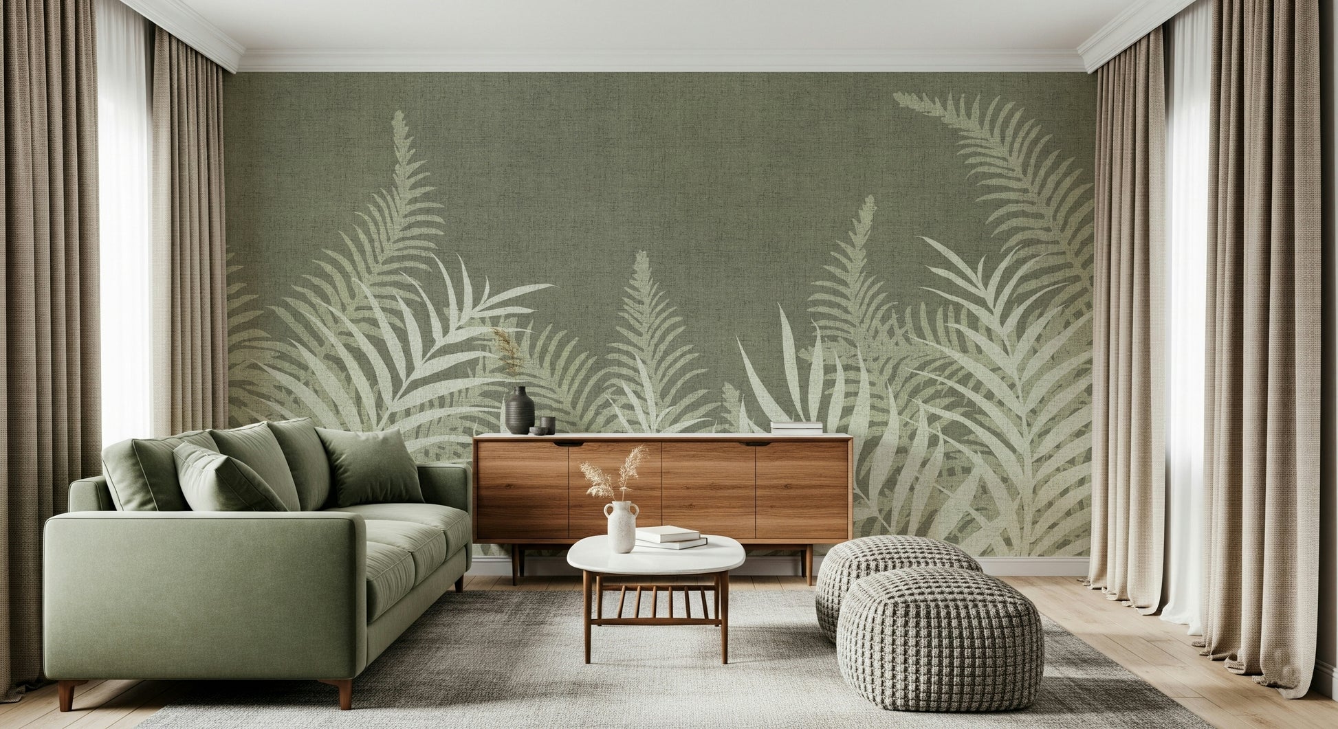 Jungle Sage wall mural, subdued earthy tropical pattern.