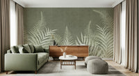 Jungle Sage wall mural, subdued earthy tropical pattern.