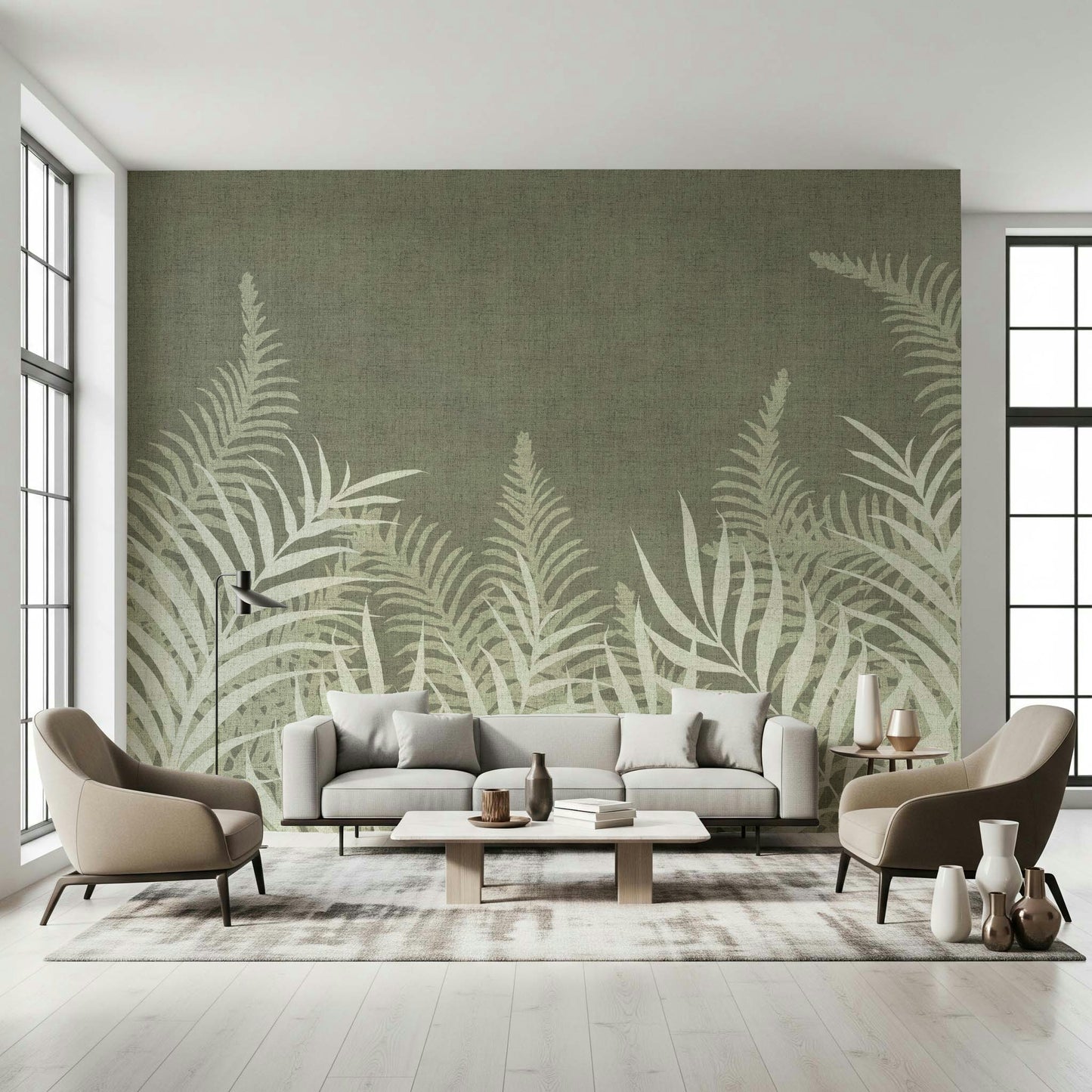 Into The Jungle Sage wallpaper showcasing dense foliage in neutral tones.