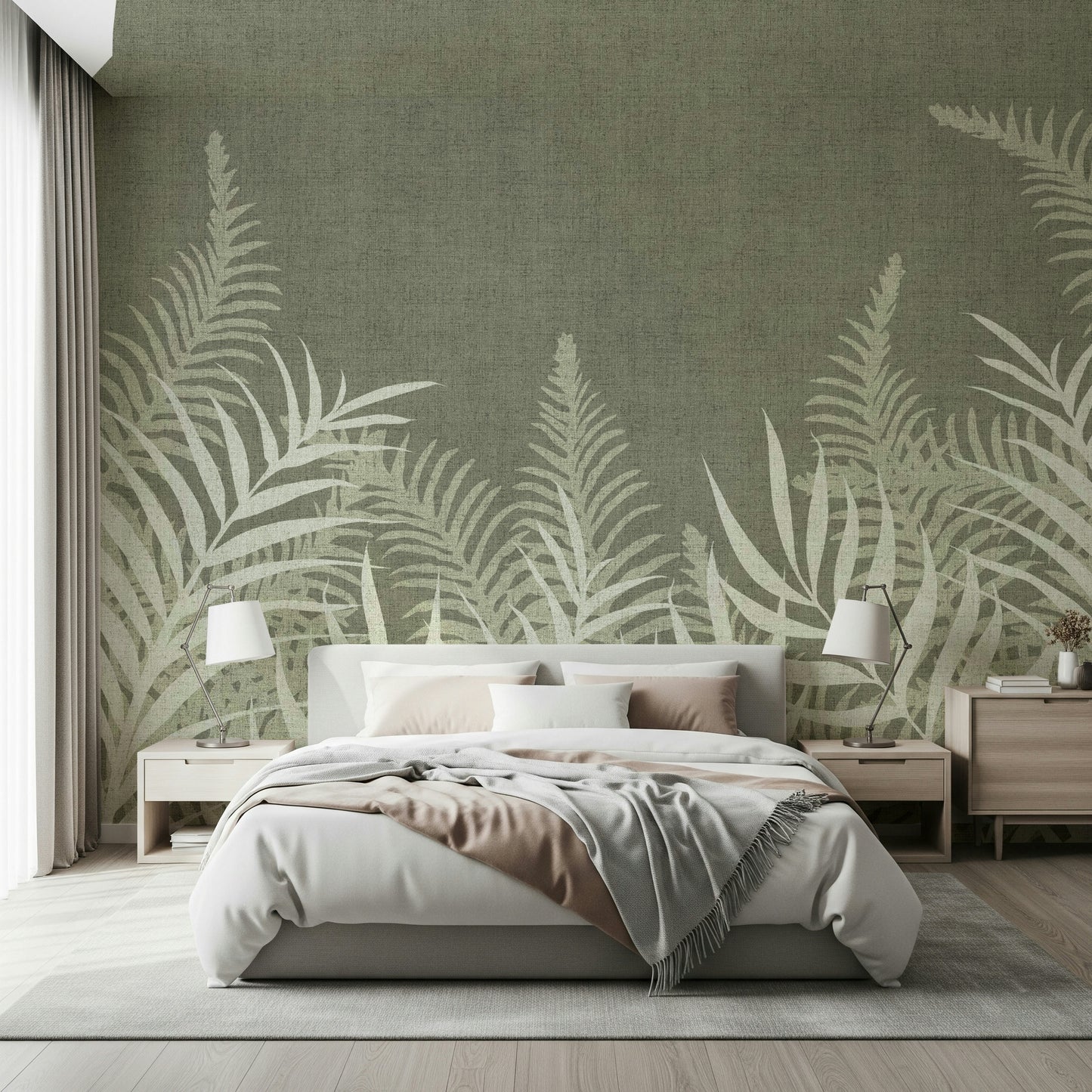 Misty Jungle Sage wall mural with pale botanical fronds and shadows.
