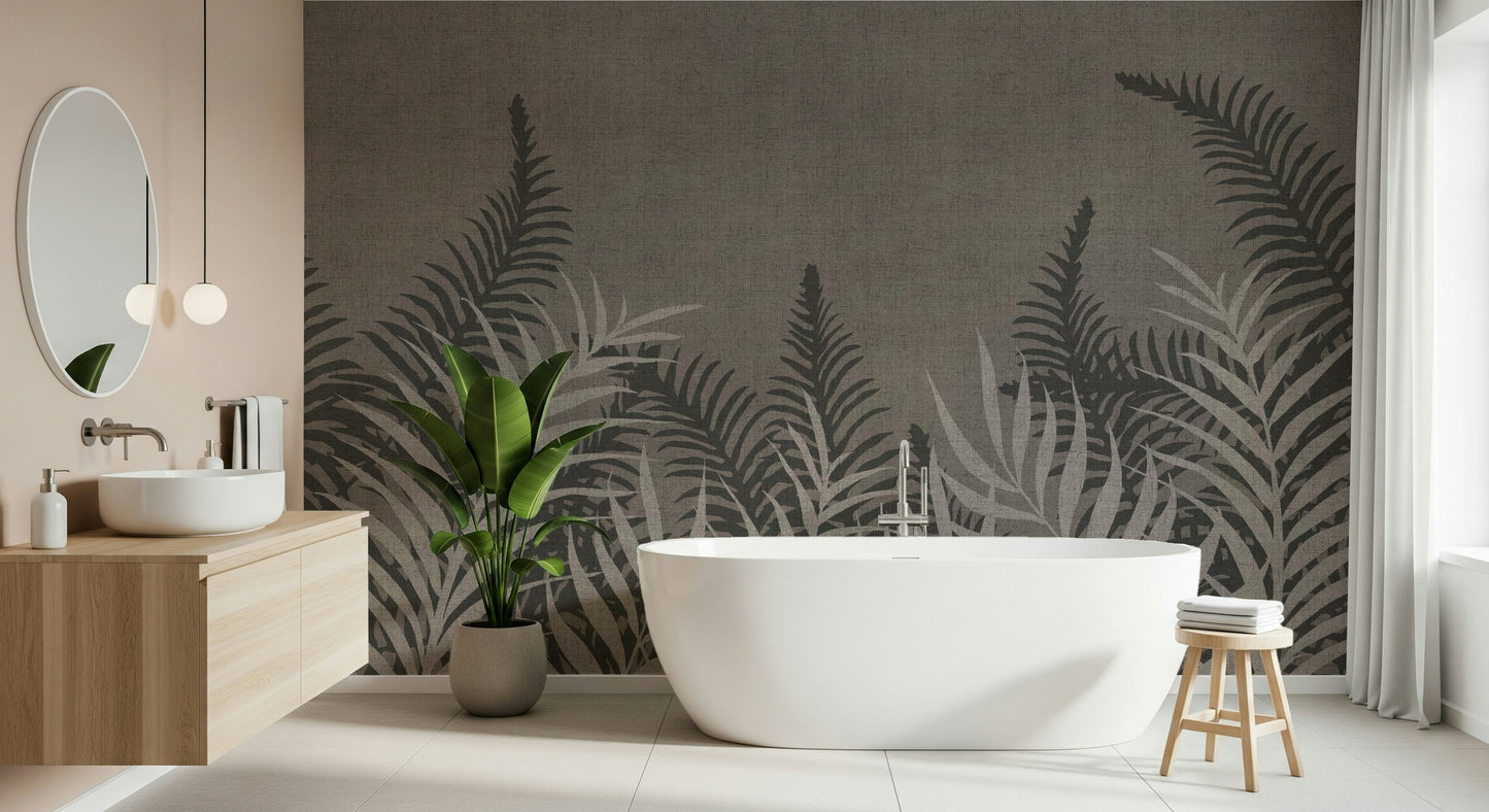 Serene Jungle Taupe wall mural, calm neutral plant print.