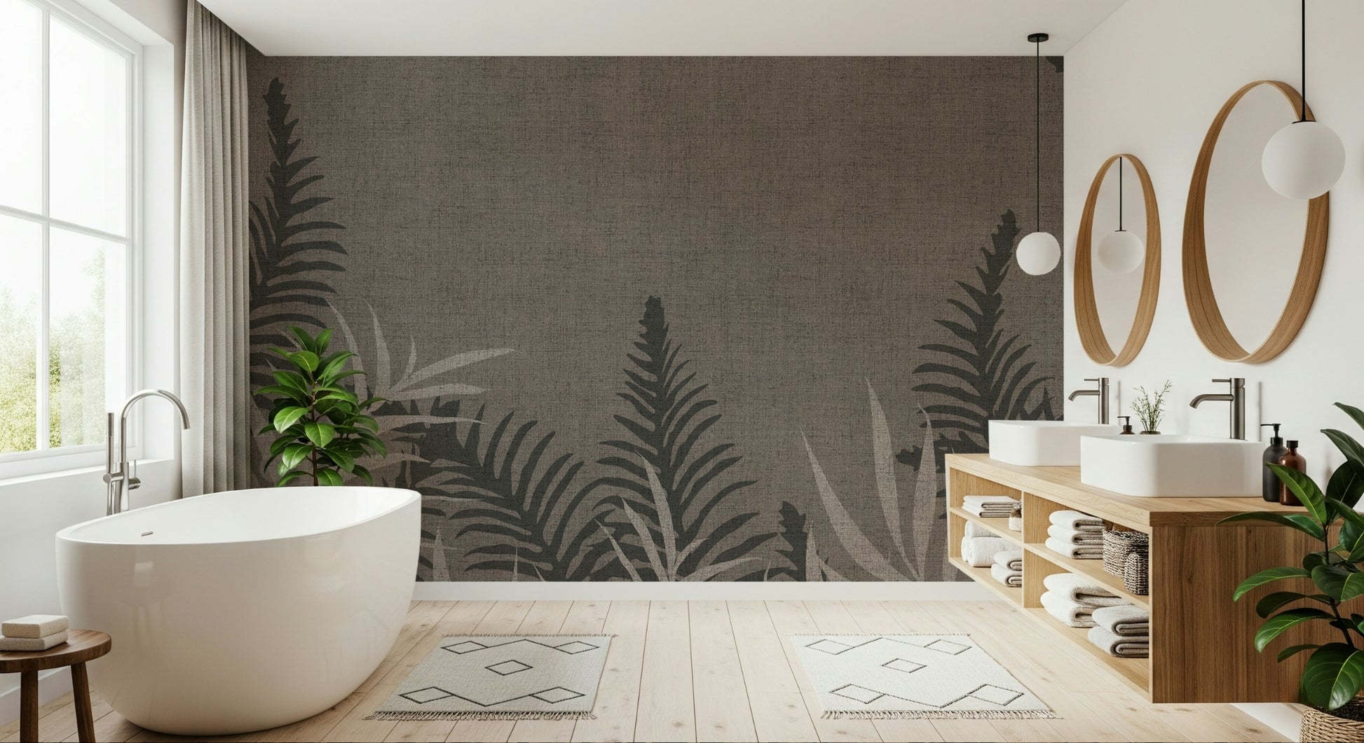 Peaceful Jungle Taupe wall mural, textured linen look design.
