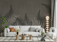 Into The Jungle Taupe wallpaper showcasing layered palm leaves.