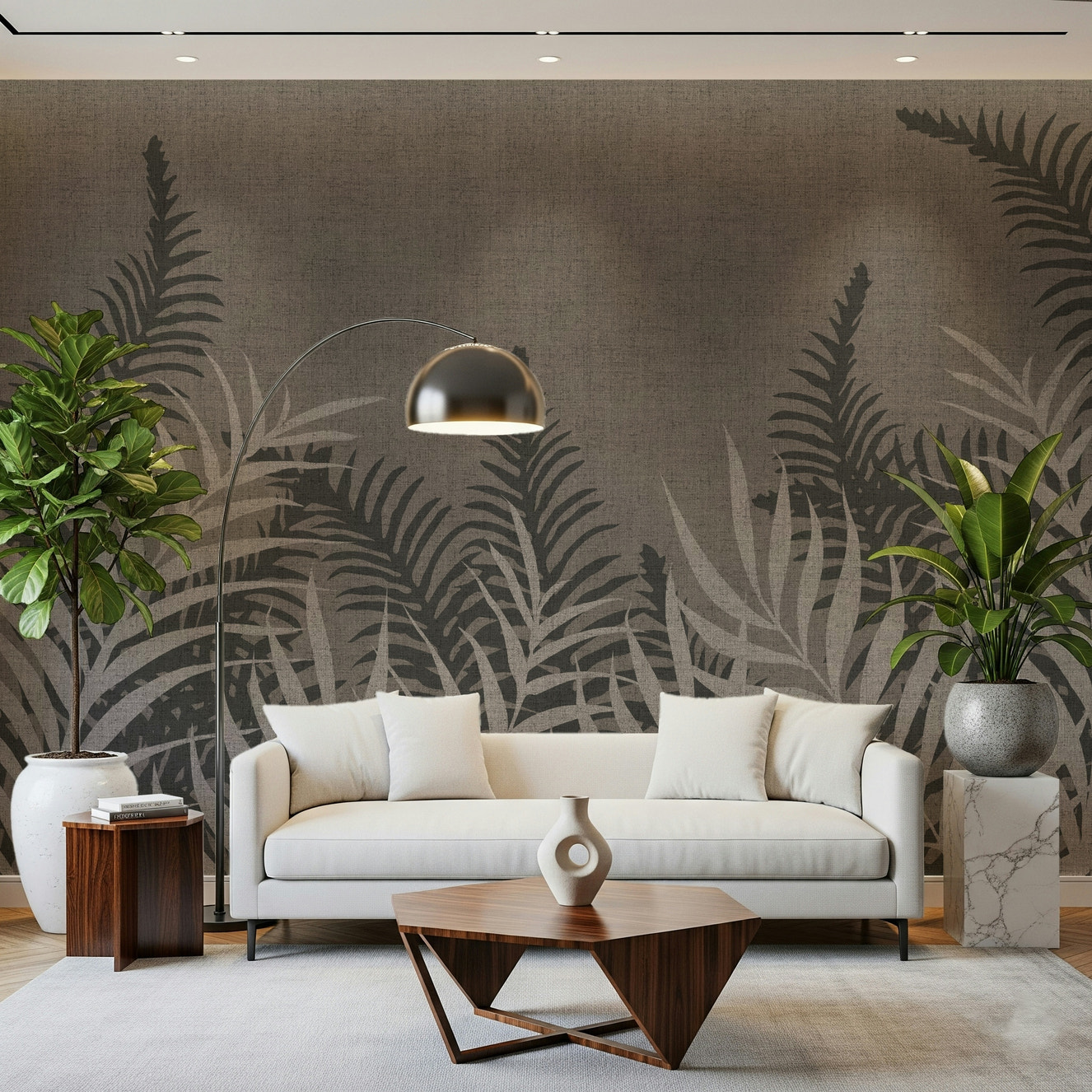 Into The Jungle Taupe wallpaper, subtle tropical fern leaf pattern.