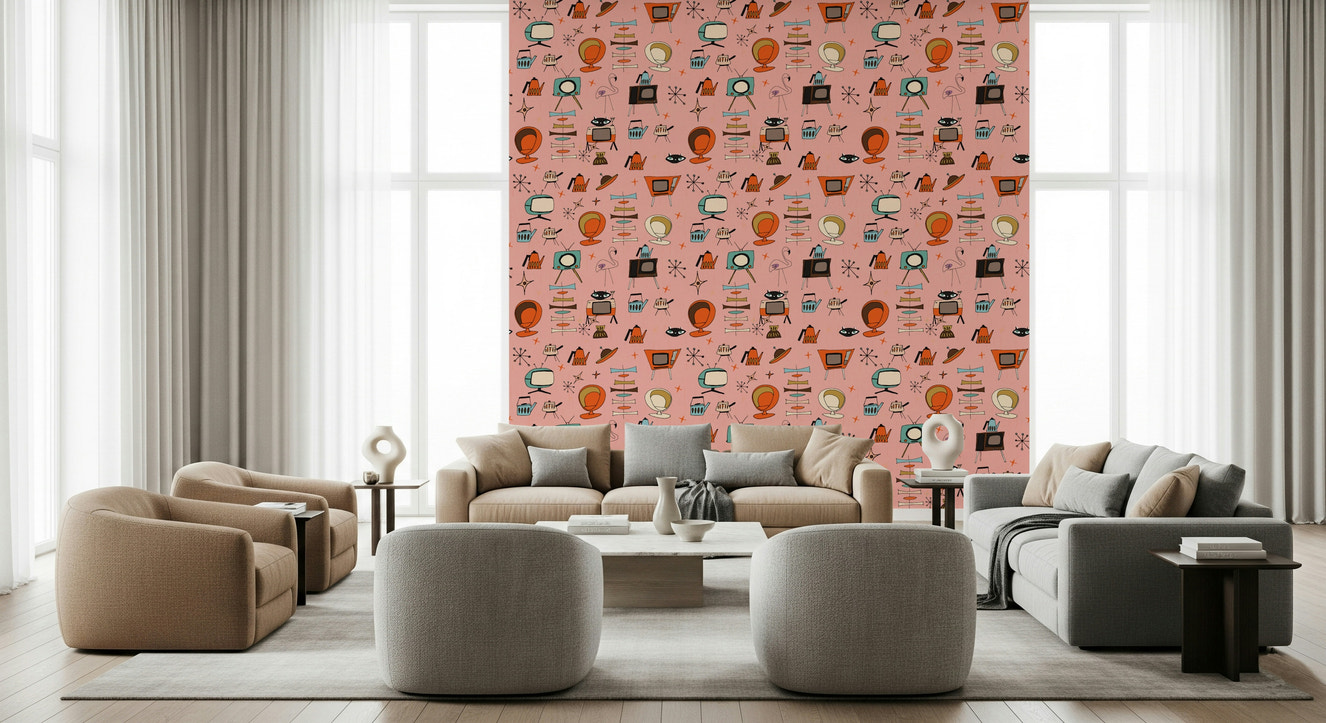 Atomic Retro Pink wall mural, dashing nostalgia design on a coral background.